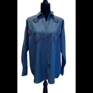 Saloon Button Down Blouse Sz Large Light Denim Cotton Studded Rhinestone Design